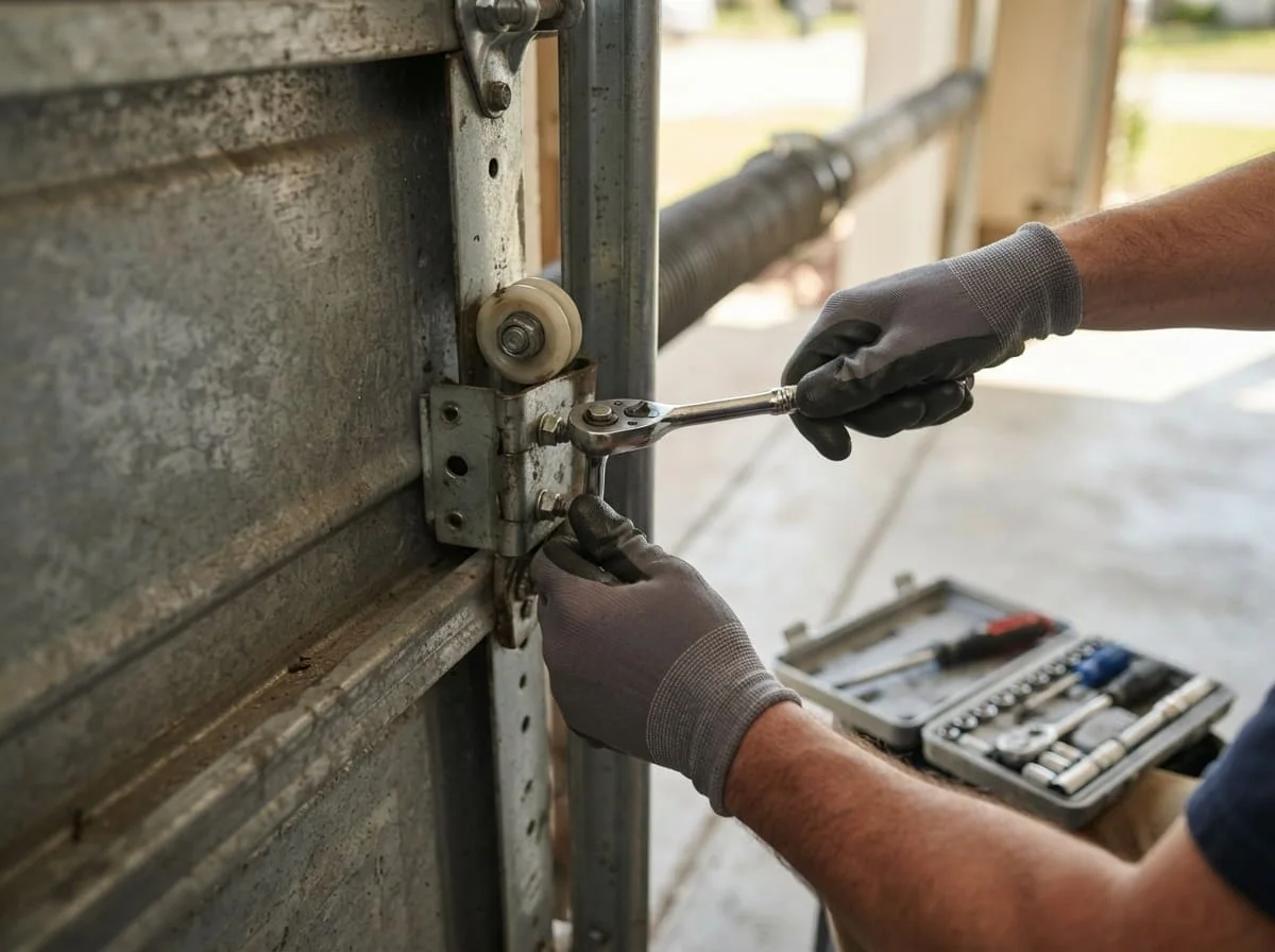 Technician examining a bent garage door track and roller channel