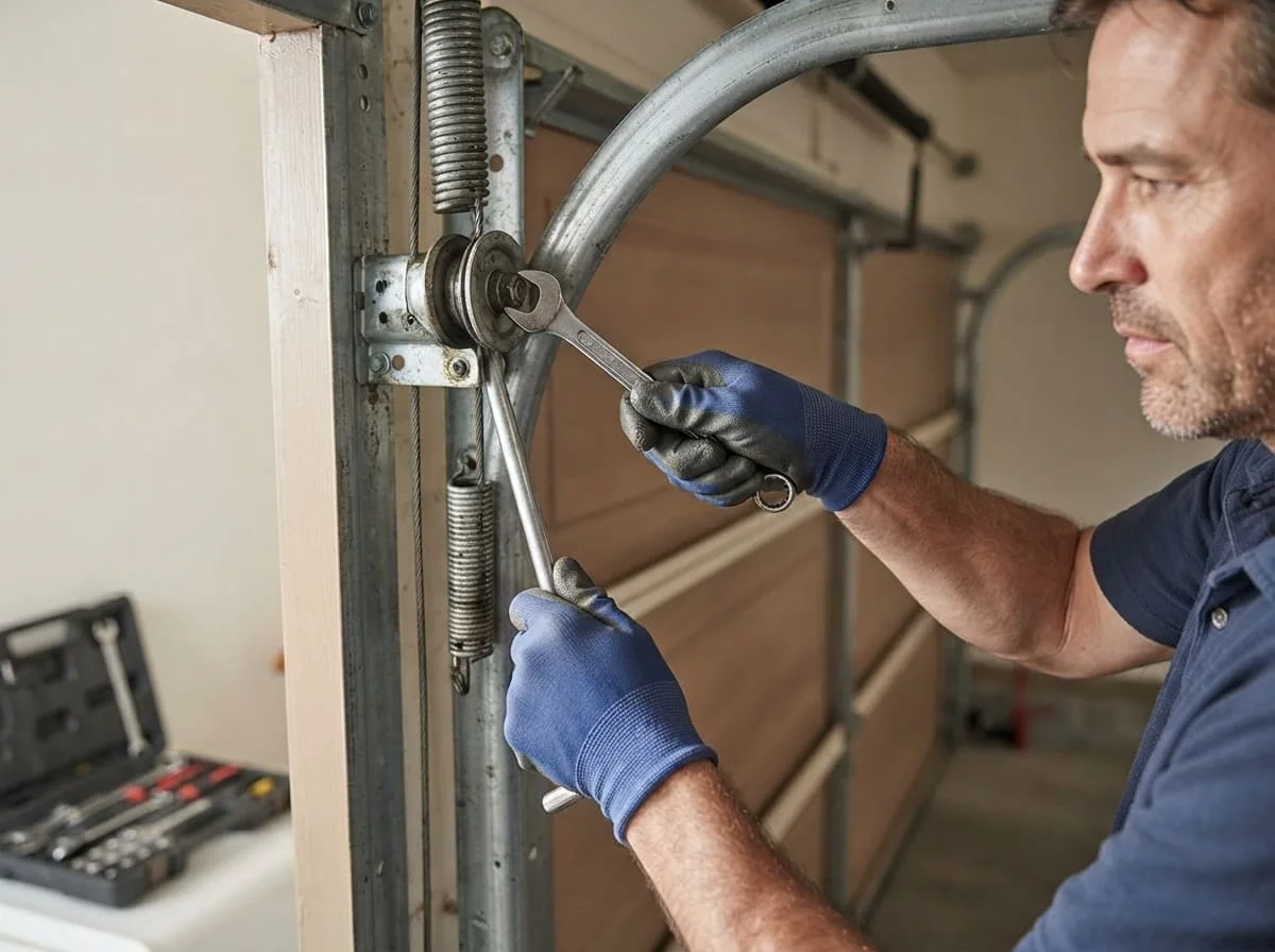 Technician checking alignment of a garage door photo-eye safety sensor near the floor track
