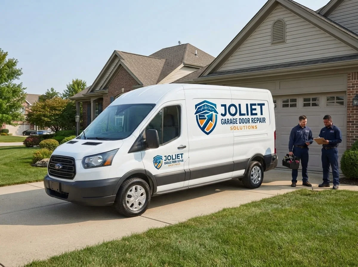 Technician repairing a garage door on an older home in Joliet's East Side neighborhood