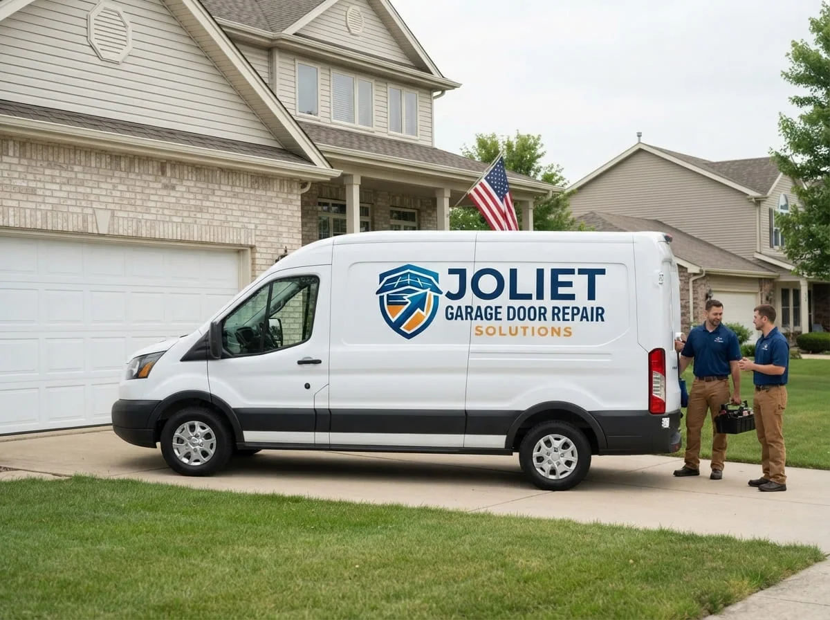 Technician repairing an oversized garage door on a new-construction home in Manhattan, IL