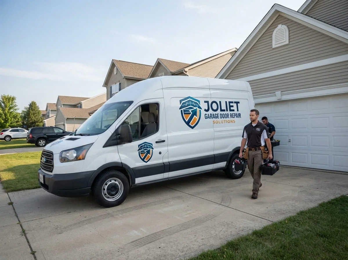 Technician repairing a garage door on an alley-loaded detached garage in the West Side neighborhood of Joliet, IL