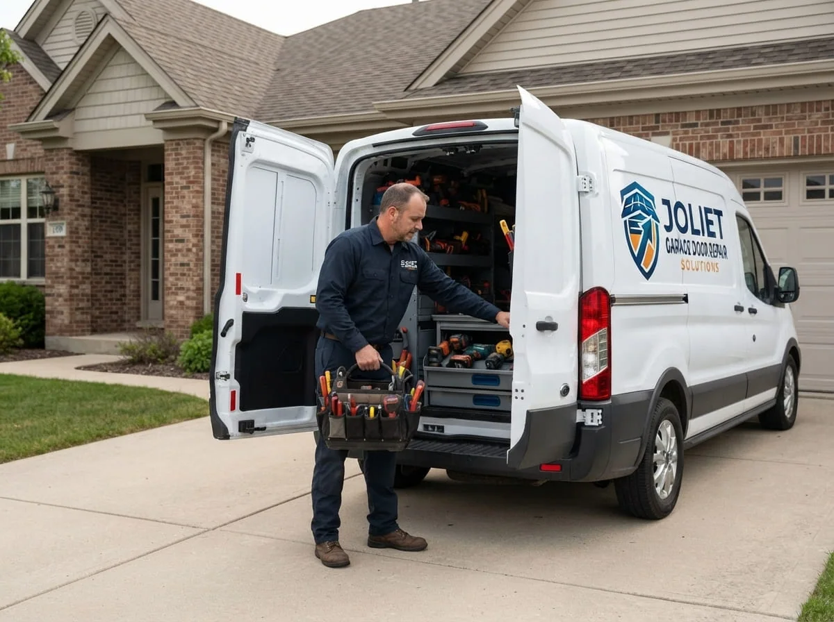 Homeowner asking a garage door technician questions before agreeing to a repair