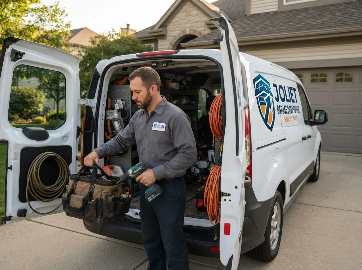 Noisy Garage Door Repair in Joliet, IL Technician inspecting a noisy garage door track and rollers in Joliet, IL